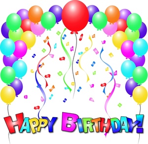 acclaim clipart: happy birthday text with colorful balloons streamers and confetti