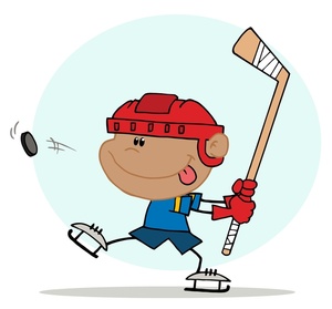 acclaim clipart: little boy playing ice hockey as hit hits the puck with his hockey stick