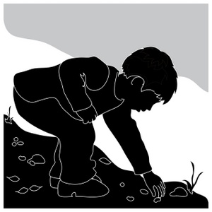 acclaim clipart: little boy reaching down to pick up bugs from the ground