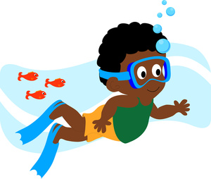 little boy snorkeling or diving underwater with mask and swim fins
