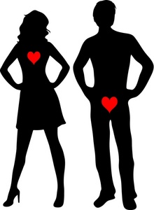 man and woman standing next to each other with hearts showing where their passions lie