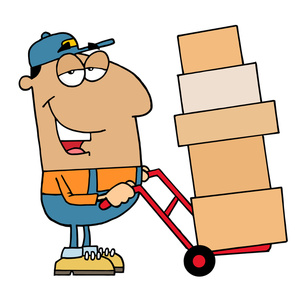 acclaim clipart: moving man with boxes on a dolly