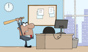 acclaim clipart: office worker angry at his computer about to smash it to smithereens with bat