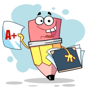 acclaim clipart: pencil cartoon character student gets an a on test