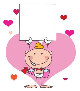 acclaim clipart: pink and red hearts behind cupid with a blank valentine