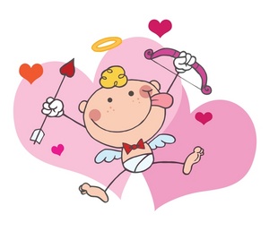 acclaim clipart: pink hearts behind a goofy cupid
