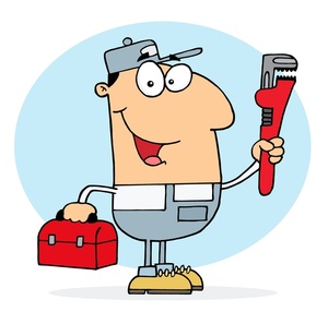 acclaim clipart: plumber at work with a toolbox and pipe wrench