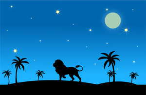 proud lion in egypt walking through the desert at night under a full moon