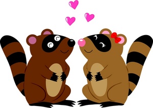 racoons in love  cute cartoon racoons kissing with hearts around