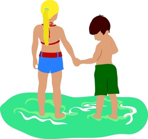acclaim clipart: siblings a brother and sister holding hands at the beach or pool