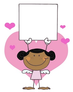 acclaim clipart: smiling african american female angel with pink hearts and blank valentine