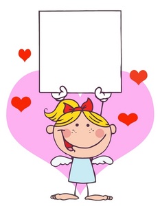 acclaim clipart: smiling angel with pink and red hearts and a blank valentines card