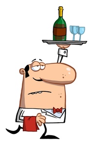 acclaim clipart: stuffy waiter in a fancy restaurant serving wine or champagne