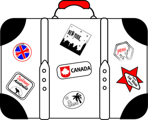 acclaim clipart: suitcase with stickers from the many places the owner has traveled