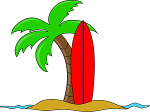 acclaim clipart: surfboard leaning up against a palm tree on the beach in hawaii