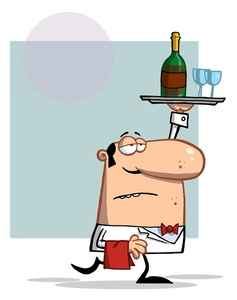 acclaim clipart: waiter in fancy restaurant with champagne bottle and champagne glasses on serving tray