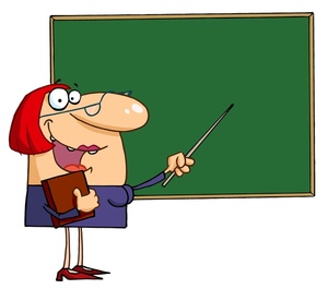 acclaim clipart: woman teacher in a classroom at the blackboard with a pointer
