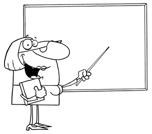 acclaim clipart: woman teacher in classroom teaching class in front of chalkboard