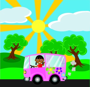 acclaim clipart: young woman or girl driving her hippie van in the country